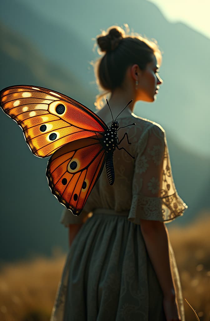  mariposa con dibujos en las alas hyperrealistic, full body, detailed clothing, highly detailed, cinematic lighting, stunningly beautiful, intricate, sharp focus, f/1. 8, 85mm, (centered image composition), (professionally color graded), ((bright soft diffused light)), volumetric fog, trending on instagram, trending on tumblr, HDR 4K, 8K