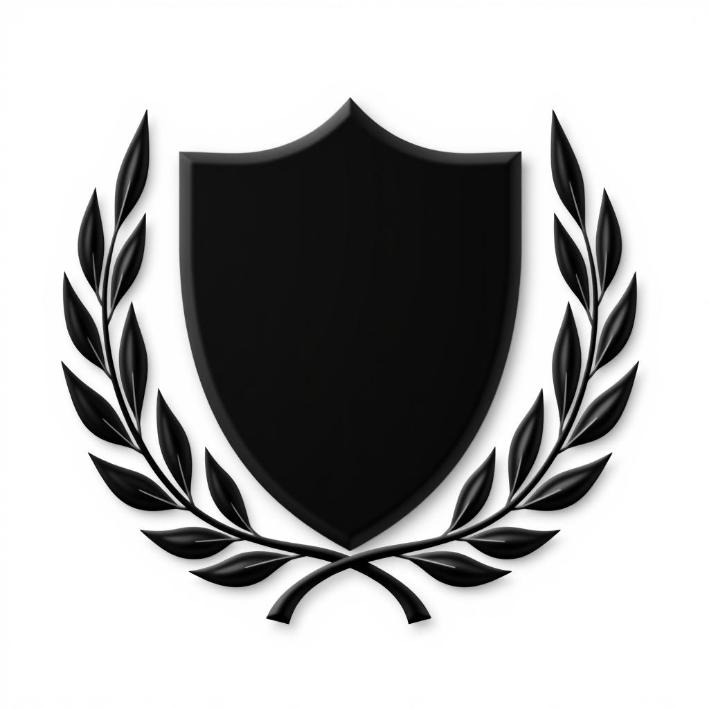  black shield with laurel wreath on white background.