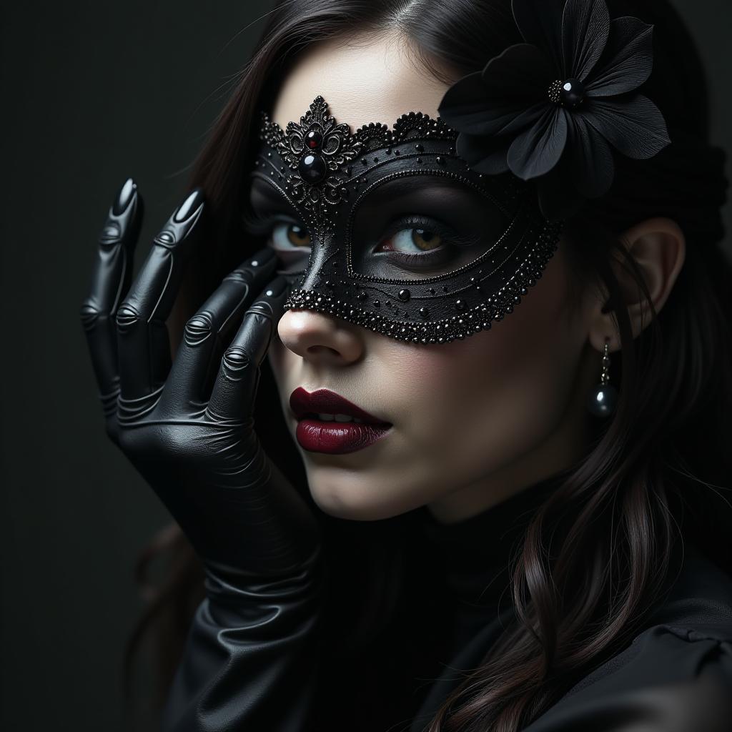  macabre style hand in glove, beautiful female face in masquerade mask, against the background of darkness. . dark, gothic, grim, haunting, highly detailed