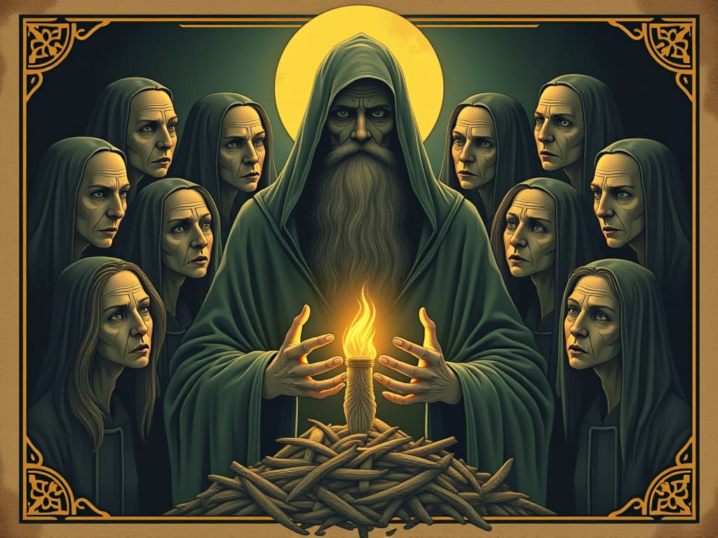  glowing, wise figure surrounded by admiring yet anxious faces, dichotomy of reverence and fear, soft, illuminated, introspective. an illustration in the style of a worn, mystical old tarot trump card, mysterious and elements of surrealism. the colors are muted, somber and eerie, but with contrast bring out an occult and esoteric vibe.