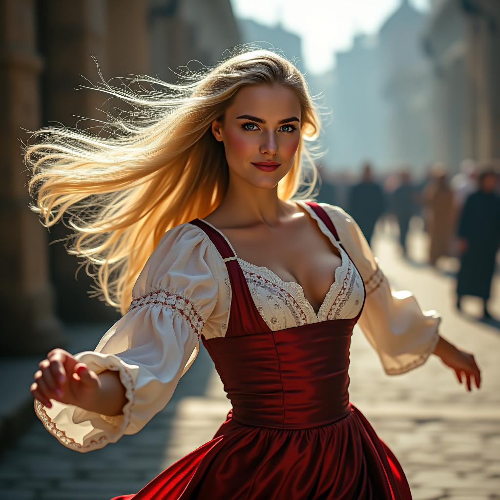  photographic quality. russian woman in traditional dress dances, (swift and agile movements:1.2), slight smile, intense, piercing eyes, (determined expression:0.9), flowing blonde hair, dressed in traditional russian attire, clothes with a deep neckline, outdoors, against the backdrop of the street of a ancient russian city, professional photography, complex background, soft haze, masterpiece. animalistic, beautiful, fine details, 16k hyperrealistic, full body, detailed clothing, highly detailed, cinematic lighting, stunningly beautiful, intricate, sharp focus, f/1. 8, 85mm, (centered image composition), (professionally color graded), ((bright soft diffused light)), volumetric fog, trending on instagram, trending on tumblr, HDR 4K, 8K