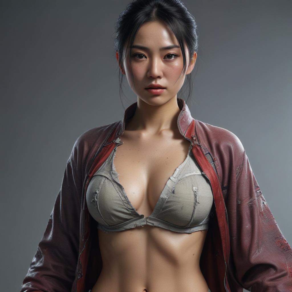 ((masterpiece)),(((best quality))), 8k, high detailed, ultra detailed,A sexy Chinese woman with torn clothes after a battle,woman,((Chinese features)), torn clothes, battle scars hyperrealistic, full body, detailed clothing, highly detailed, cinematic lighting, stunningly beautiful, intricate, sharp focus, f/1. 8, 85mm, (centered image composition), (professionally color graded), ((bright soft diffused light)), volumetric fog, trending on instagram, trending on tumblr, HDR 4K, 8K