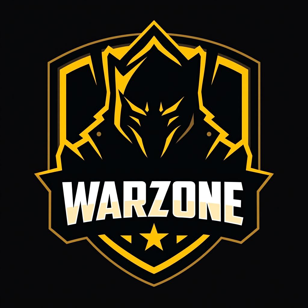  logo, esports logo, warrior theme, with text ‘warzone’, black and yellow color