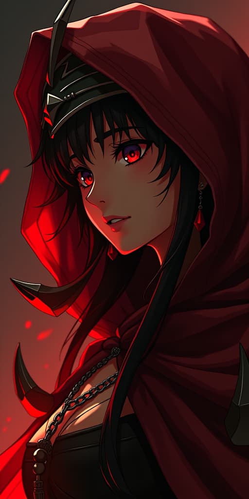  close up, upper body, red theme, dark theme,1girl,earrings,jewelry,chain,spike,armor,helmet,cloak,hood up,robe, cinematic lighting, chiaroscuro, hires, volumetric lighting, highly detailed background, masterpiece, <lora:add detail:0.4> <lora:hairdetailer:0.5> <lora:cultiste:1>