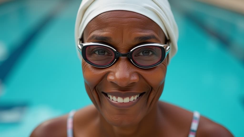  elderly african american woman wearing swimming goggles and pool cap against pool background ar 16:9, (natural skin texture), highly detailed face, depth of field, hyperrealism, soft light, muted colors