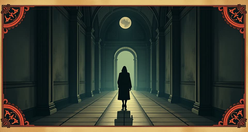  a lone figure walking down a long, empty corridor, dark and somber tones, sense of loneliness and reflection. an illustration in the style of a worn, mystical old tarot trump card, mysterious and elements of surrealism. the colors are muted, somber and eerie, but with contrast bring out an occult and esoteric vibe.