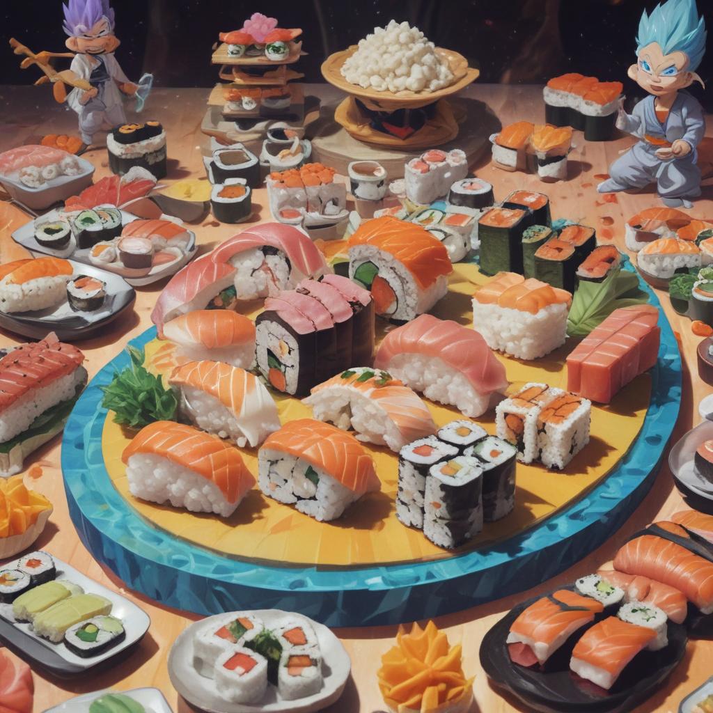 distance-shot, flashy, full-body, dynamic, holographic, animated cartoon poster of sushi scene in the style of dragon ball super