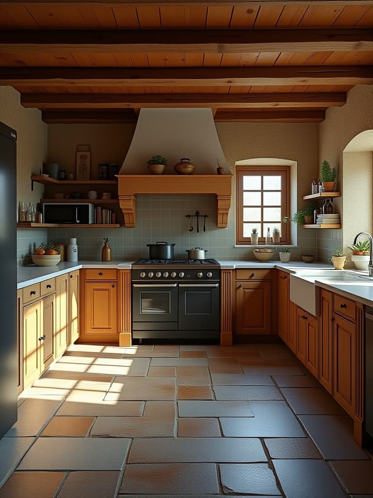  high quality portrait photo of a rustic kitchen interior showcasing natural stone flooring with varied earthy tones, complemented by wooden beams overhead hyperrealistic, full body, detailed clothing, highly detailed, cinematic lighting, stunningly beautiful, intricate, sharp focus, f/1. 8, 85mm, (centered image composition), (professionally color graded), ((bright soft diffused light)), volumetric fog, trending on instagram, trending on tumblr, HDR 4K, 8K