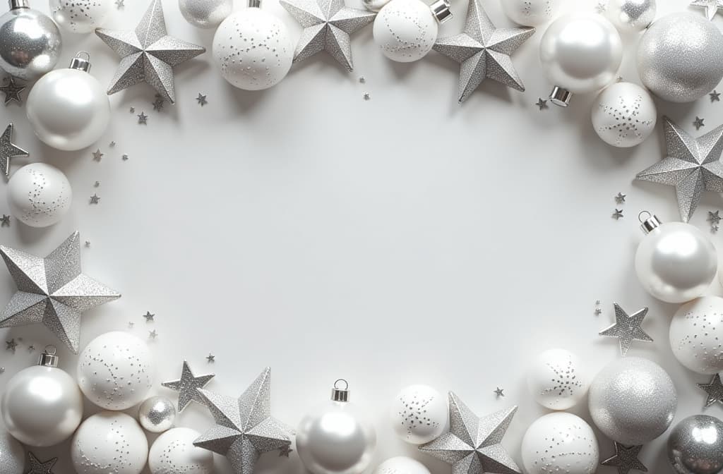  christmas frame made of plenty of white and silver christmas modern style balls and little stars, glittering, shining, bright image, copy space in the middle, ar 3:2 {prompt}, maximum details