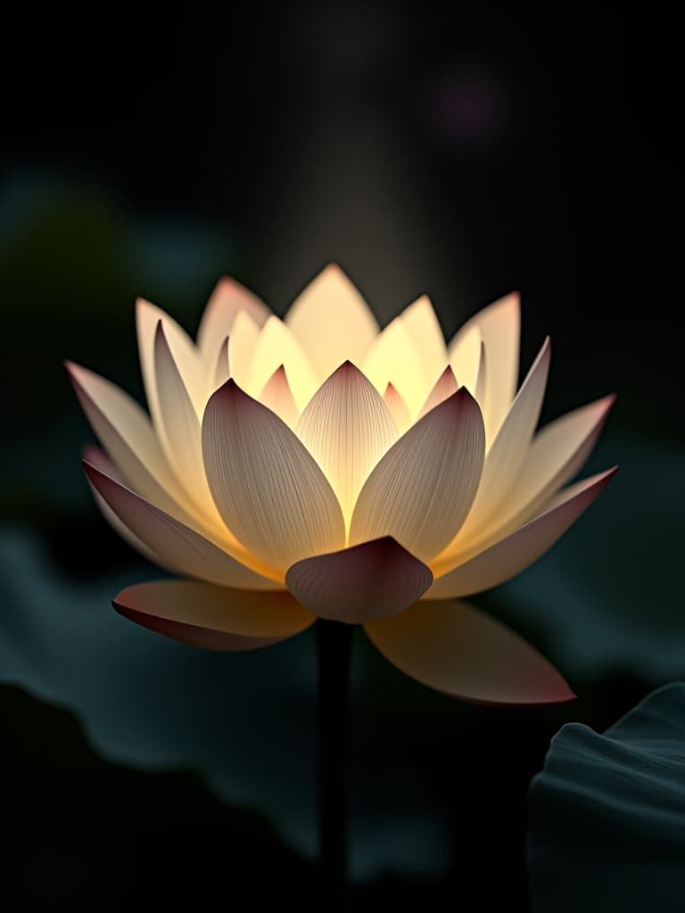  white lotus flower highlighted on a solid black background, warm magical light inside, object carving, fantasy, hyperrealistic, full body, detailed clothing, highly detailed, cinematic lighting, stunningly beautiful, intricate, sharp focus, f/1. 8, 85mm, (centered image composition), (professionally color graded), ((bright soft diffused light)), volumetric fog, trending on instagram, trending on tumblr, HDR 4K, 8K