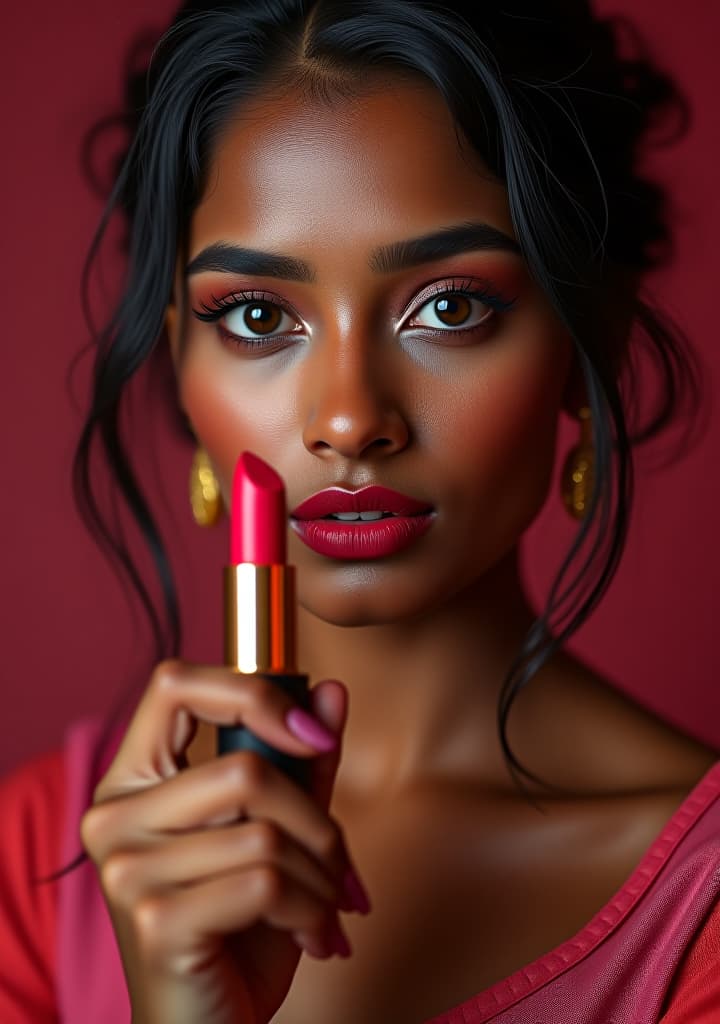  a bold, curious female, indian, adult, model profession, showing a lipstick product, text write on lipstick body in bold font style "sugar" hyperrealistic, full body, detailed clothing, highly detailed, cinematic lighting, stunningly beautiful, intricate, sharp focus, f/1. 8, 85mm, (centered image composition), (professionally color graded), ((bright soft diffused light)), volumetric fog, trending on instagram, trending on tumblr, HDR 4K, 8K