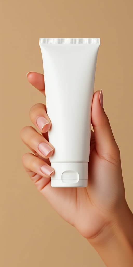  woman hand is holding a white mockup tube of facial cream on a beige isolated background, high quality, high details, hd, perfect composition, 4k epic detailed, highly detailed, sharp focus, high resolution