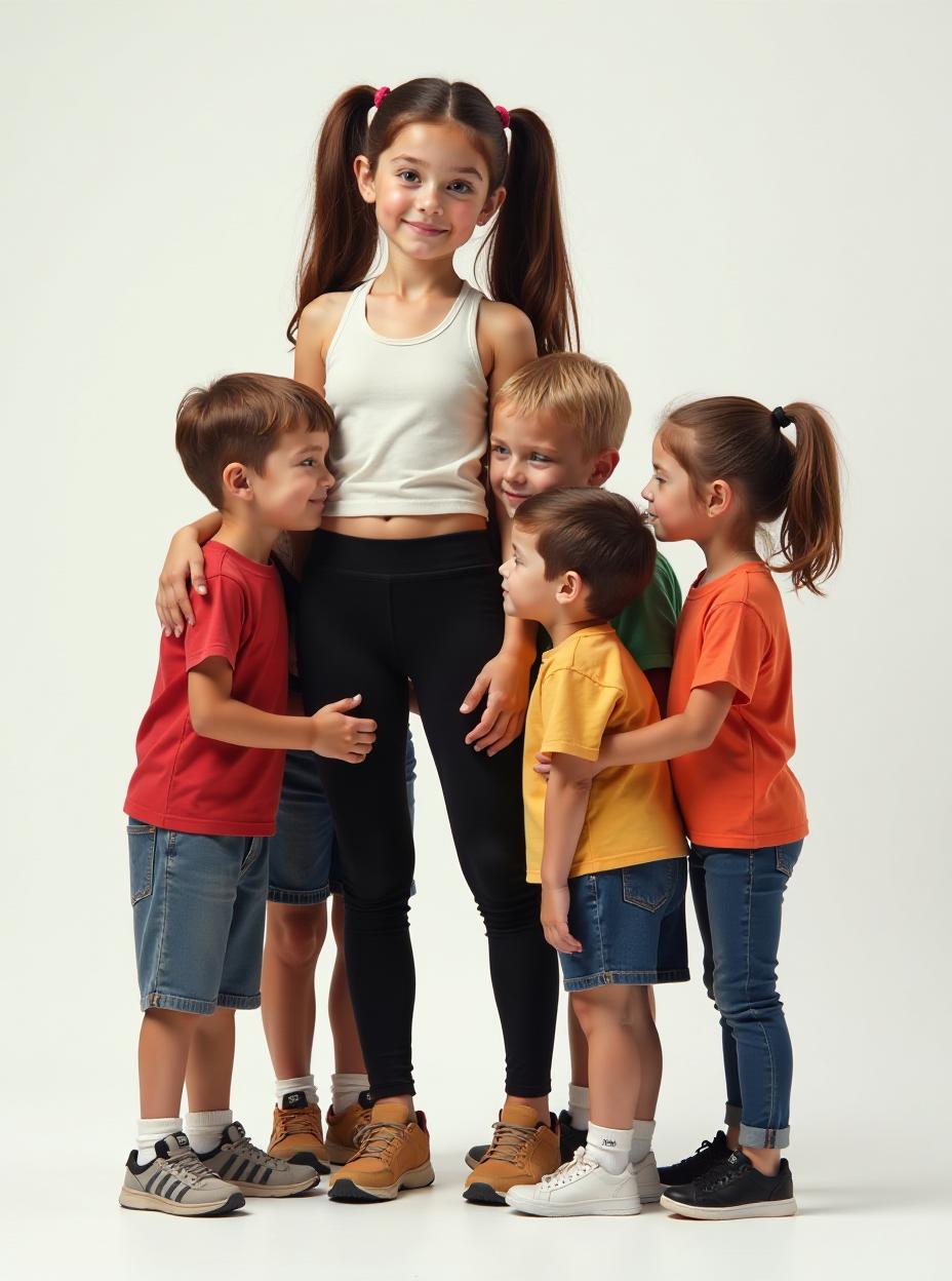  group photo from fourth grade. a tall, well developed italian girl with freckles and large stands out, her athletic top tucked into black leggings emphasizing very long toned legs. she's wearing twin tails and huddles with the shortest in the cl, her hand resting ly on his head. the other ren in the photo are gathered around, some cuddling with each other while others gaze up at the tall girl with admiration. the background is a simple, empty white space., high quality, high details, hd, perfect composition, 4k epic detailed, highly detailed, sharp focus, high resolution