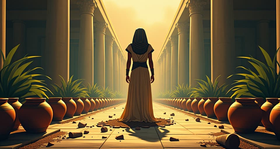  fragile clay pots breaking under undefined weight, appearing in a serene ancient garden, reflecting inability to withstand pressure. the style is digital art illustration / modern comic book / mysterious occult, symbolic, esoteric vibe,high detail on character design, incorporating ancient egyptian symbology and attire.