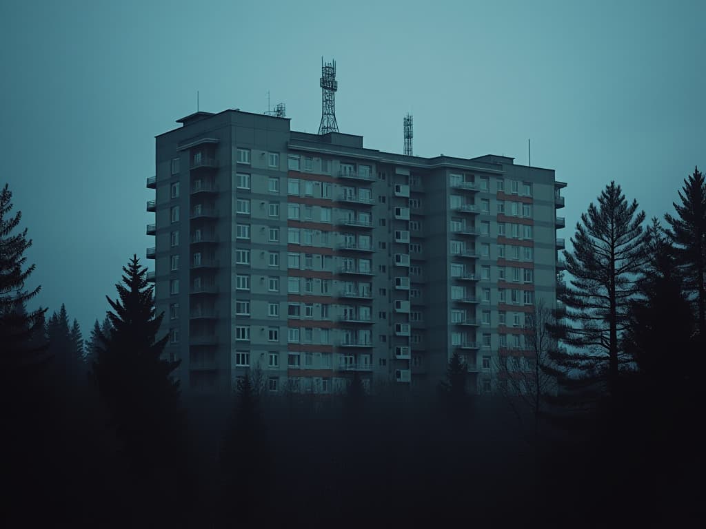  a 13 story building of a soviet research institute in the brutalist style of the 70s 80s, late in the summer evening in a dense pine forest, dim lights in some windows, antennas on the roof blinking with red