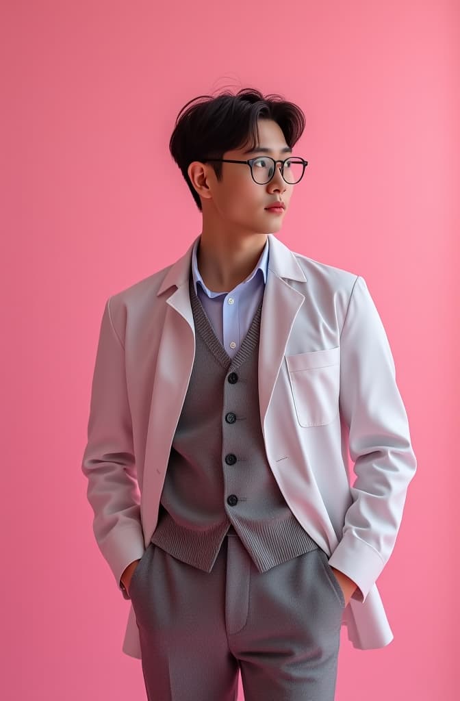  realistic photo of kim namjoon as a professor from a distance with a pink background hyperrealistic, full body, detailed clothing, highly detailed, cinematic lighting, stunningly beautiful, intricate, sharp focus, f/1. 8, 85mm, (centered image composition), (professionally color graded), ((bright soft diffused light)), volumetric fog, trending on instagram, trending on tumblr, HDR 4K, 8K