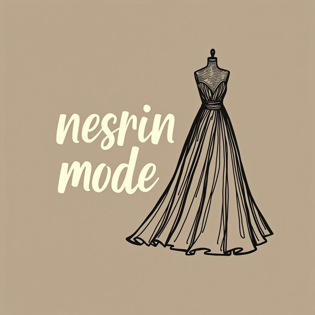  design a logo, in a minimalism style. nesrin mode hintergrund schwarz schrift weiß schreibschrift neben ein gezeichnetes langes kleid , with the text 'nesrin mode '.