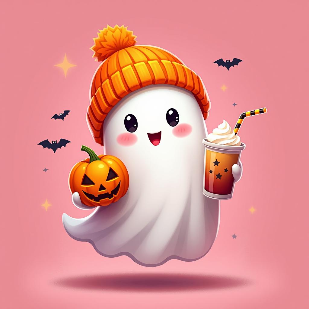  create a digital painting featuring a cute ghost character. the ghost should be wearing an orange knit beanie with a pom pom on top. in one hand, the ghost should hold a pumpkin with a carved face, and in the other hand, a halloween themed drink with a straw. the background should be pink and include small black bats and stars to add a playful halloween touch. the overall style should be cute, whimsical, and colorful hyperrealistic, full body, detailed clothing, highly detailed, cinematic lighting, stunningly beautiful, intricate, sharp focus, f/1. 8, 85mm, (centered image composition), (professionally color graded), ((bright soft diffused light)), volumetric fog, trending on instagram, trending on tumblr, HDR 4K, 8K