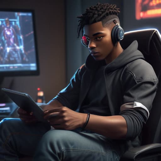 Dark skin anime guy sitting on a gaming chair playing games on a tablet in Cyberpunk style