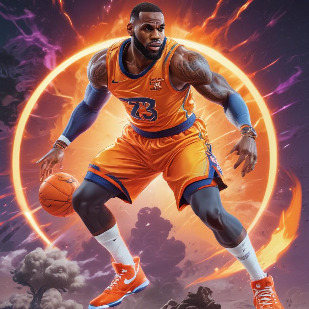 distance-shot, flashy, full-body, dynamic, holographic, animated cartoon poster of lebron james in the style of dragon ball super