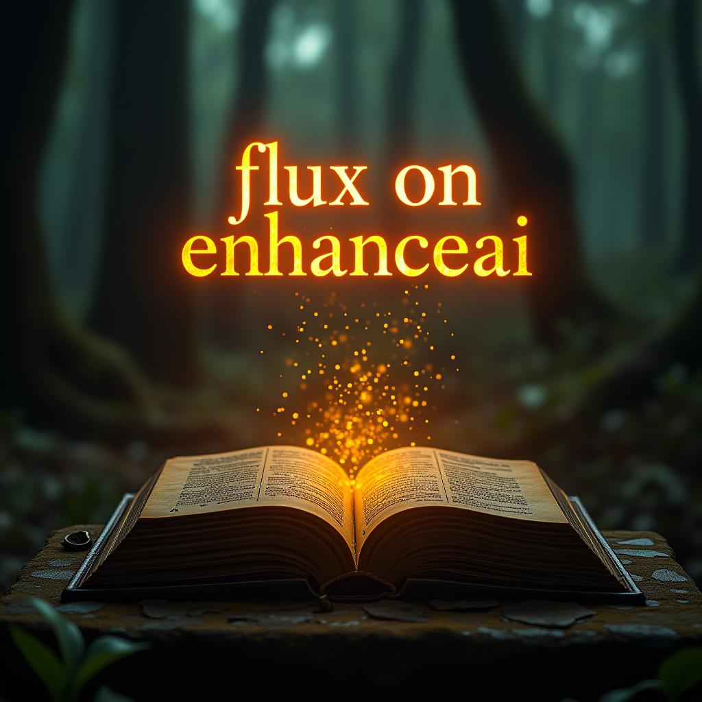  an ancient book lies open on a weathered stone altar, deep within a dark, mystical forest. golden particles rise from the book, casting a warm, magical glow. the words 'flux on enhanceai' are inscribed above in glowing, fiery text, radiating with enchanted energy. the scene is cinematic with a touch of fantasy, emphasizing the magical atmosphere.