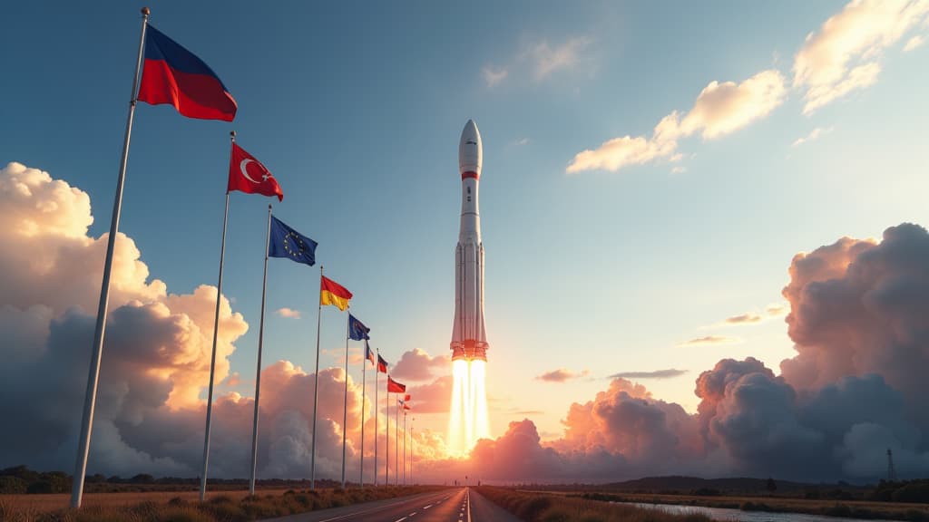  prompt: create an ultra detailed, hyper realistic image of the imminent first launch of the new ariane 6 rocket. the scene should capture the european pioneering spirit and german engineering excellence in space exploration, showcasing the groundbreaking significance of this launch vehicle. include the ariane 6 rocket prominently in the center, with intricate details of the vinci engine and apu visible. show a bright, light filled sky symbolizing hope and ambition, with european flags waving in