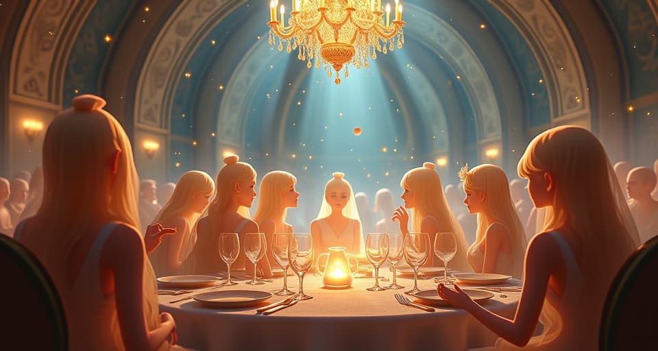  a sparkling, translucent banquet hall, filled with ethereal figures animatedly engaged in superficial conversation. their words fill the air like an incessant buzz, with an atmosphere of triviality.. the style is digital art illustration,highly detailed, whimsical,magical, dreamlike atmosphere, realism and fantasy blend, smooth, glossy textures,luminous quality, wonder and enchantment.