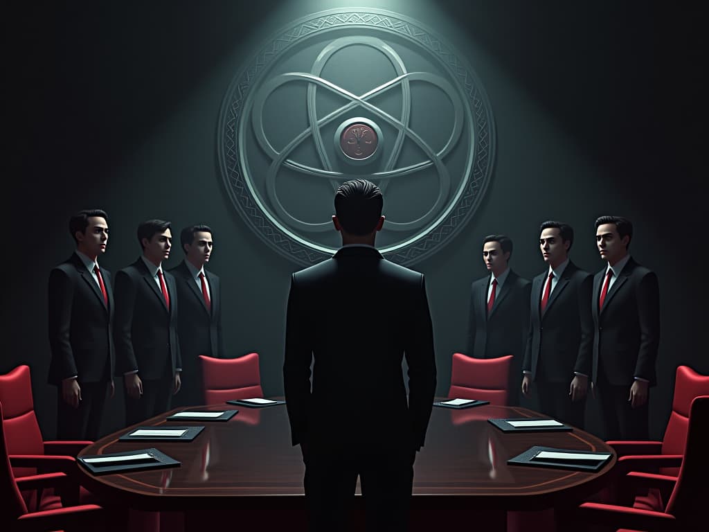  a group of colleagues in business attire, gathered in a dimly lit conference room, suspicious and questioning glances exchanged, the focal point on one person at the center under scrutiny, intricate patterns on the walls.. the style is dark fantasy and mysterious occult, symbolic, moody lighting, esoteric vibe,high detail on character design. for the color scheme emphasize blacks and reds.