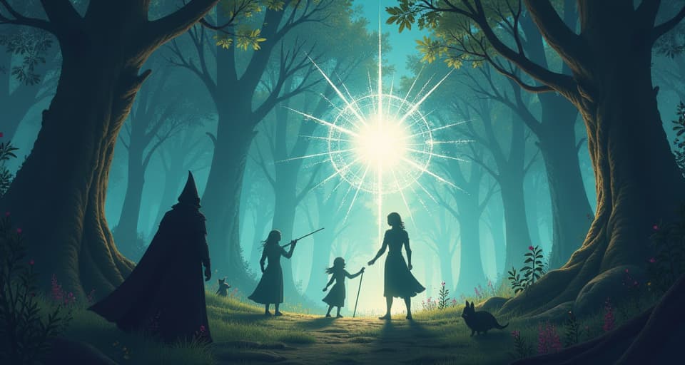  a mystical forest scene where shadowy figures attempt to cast spells of deception, but their efforts are broken and fragmented by a glowing, ethereal light that pierces through. the atmosphere is one of inevitable truth and self discovery, with ethereal creatures observing from the surroundings.. the style is digital art illustration,highly detailed, whimsical,magical, dreamlike atmosphere, realism and fantasy blend, smooth, glossy textures,luminous quality, wonder and enchantment.