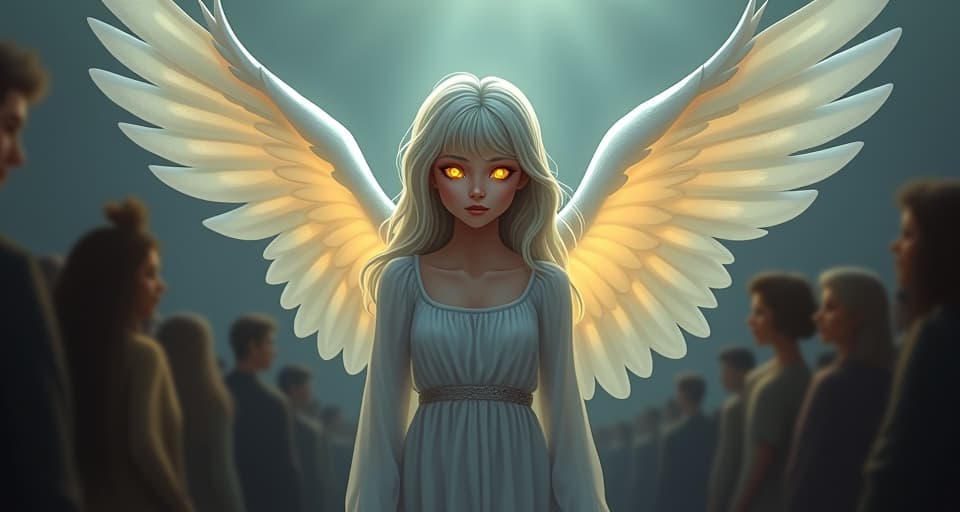  ethereal angel with luminous eyes, scanning a crowd. subtle sense of selection, glowing aura, wistful and wise.. the style is digital art illustration,highly detailed, whimsical,magical, dreamlike atmosphere, realism and fantasy blend, smooth, glossy textures,luminous quality, wonder and enchantment.