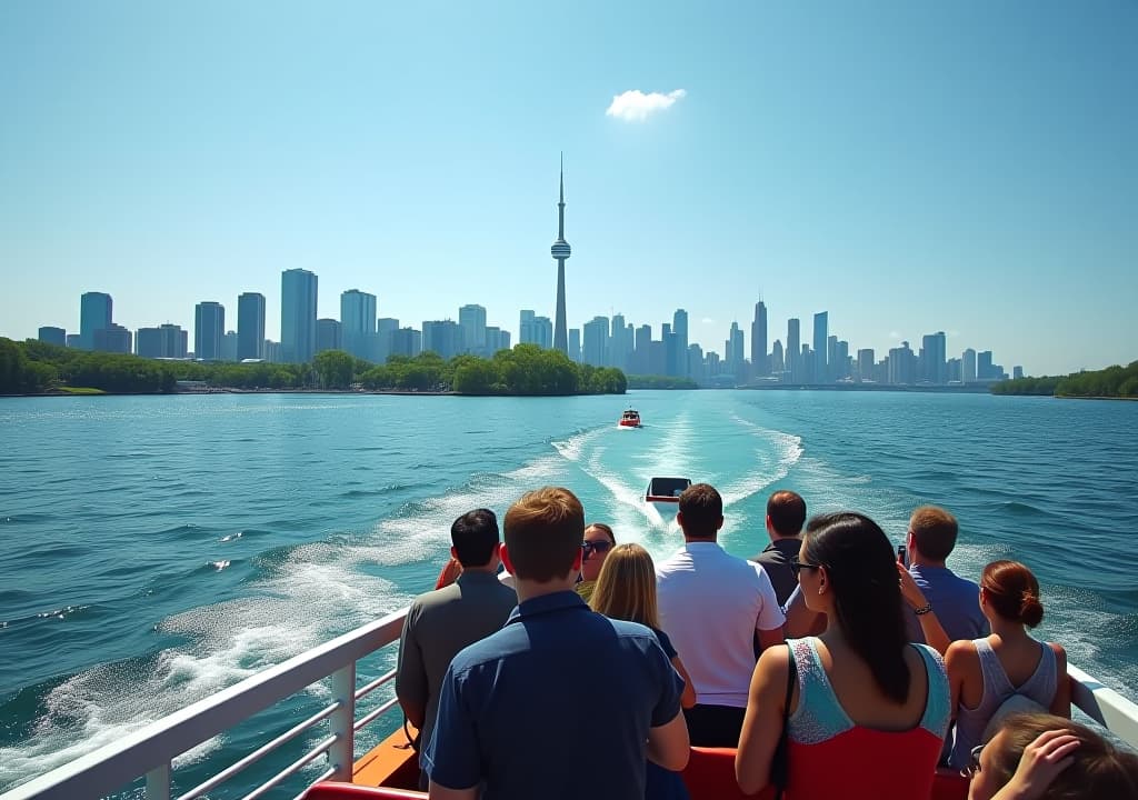  a ferry approaching toronto islands on a sunny day, with the city skyline visible in the background. the ferry's deck is filled with excited passengers, some taking photos. in the foreground, the lush green islands can be seen, with a few small boats and kayaks in the water. the scene should capture the contrast between the urban skyline and the natural beauty of the islands., in the style of pixel art hyperrealistic, full body, detailed clothing, highly detailed, cinematic lighting, stunningly beautiful, intricate, sharp focus, f/1. 8, 85mm, (centered image composition), (professionally color graded), ((bright soft diffused light)), volumetric fog, trending on instagram, trending on tumblr, HDR 4K, 8K