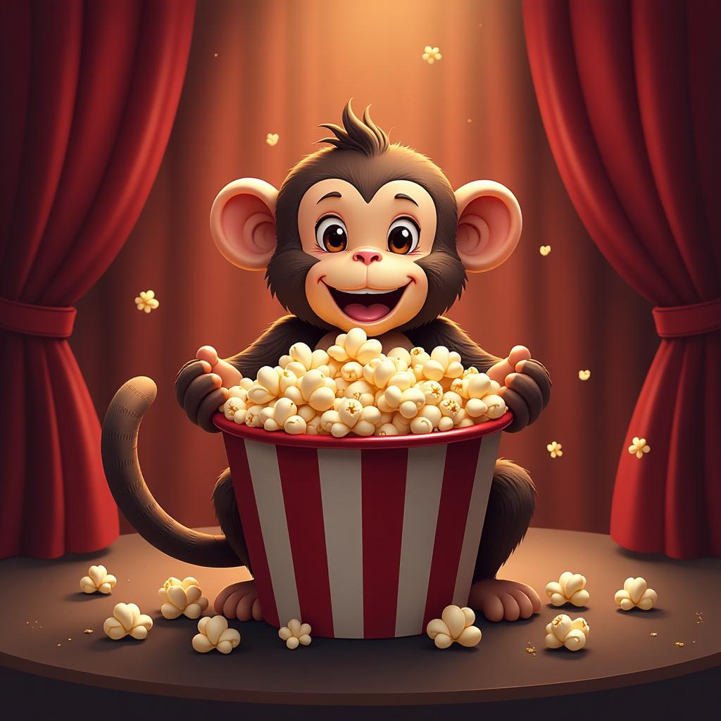  ui logo design, film reel surrounded by popcorn with movie theater backdrop, playful monkey with brown and popcorn yellow light, inspired by movies and entertainment, film reel shape, vector, ultra, hd, art by akihiko yoshida, cinematic cymk background