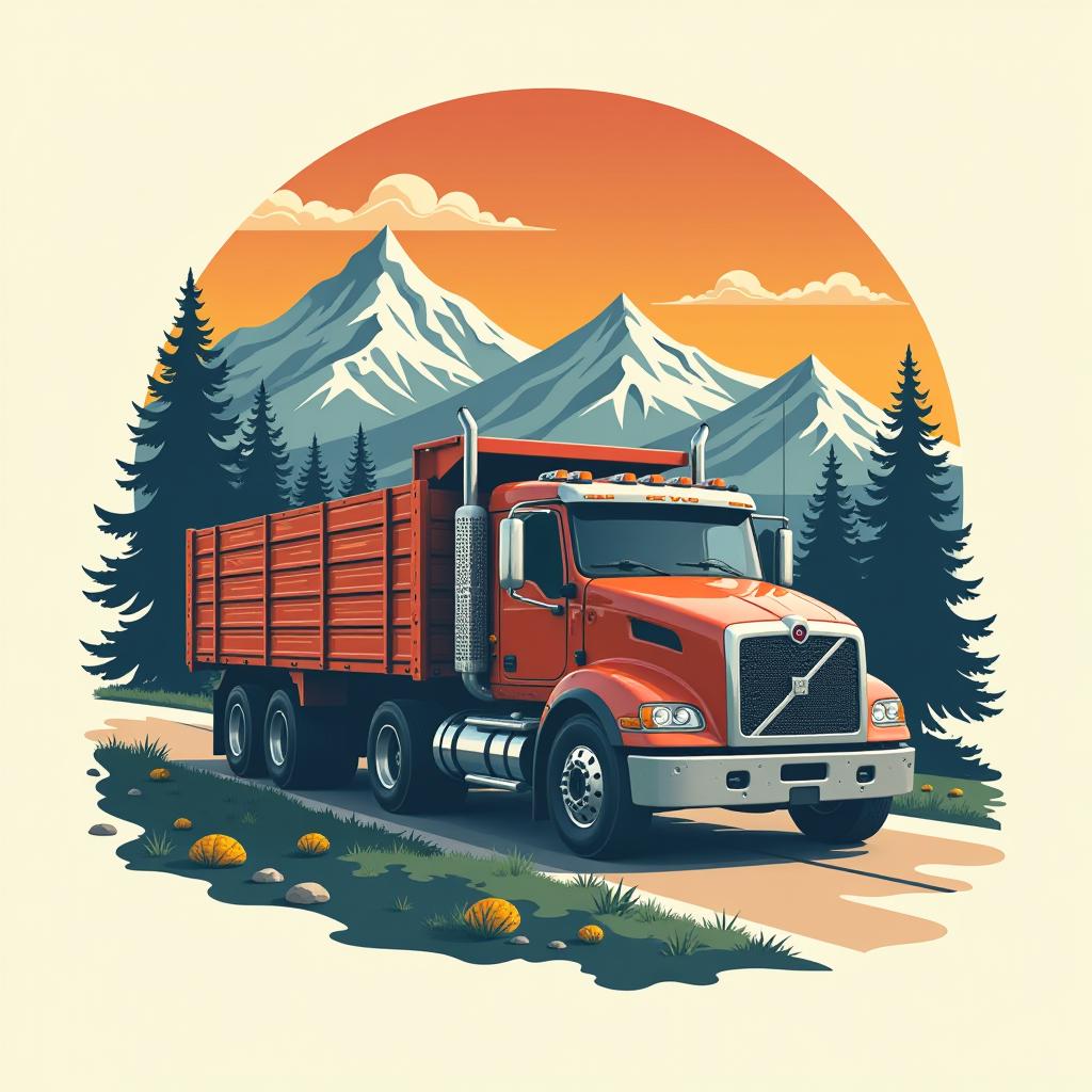  design a logo, create a logo with a volvo flatbed truck traveling through the united states with adventures, with landscapes of mountains and trees and with the phrase “por onde vou”