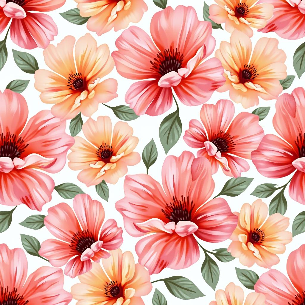  create a seamless digital design featuring a pattern of large, beautiful flowers with soft, watercolor like effects. the flowers should cover the entire surface, creating a bold, elegant, and continuous look. the overall style should be light and airy, with delicate leaves and petals to enhance the natural, floral theme. the design should be seamless to ensure it can be used in repeating patterns or wraps.