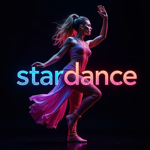  futuristic logoa vibrant, colorful dancer logo with intricate details, the word "stardance" written in a futuristic font, entire design should be set against a solid black background.given brand name "dance studio" logo will also be written hyperrealistic, full body, detailed clothing, highly detailed, cinematic lighting, stunningly beautiful, intricate, sharp focus, f/1. 8, 85mm, (centered image composition), (professionally color graded), ((bright soft diffused light)), volumetric fog, trending on instagram, trending on tumblr, HDR 4K, 8K