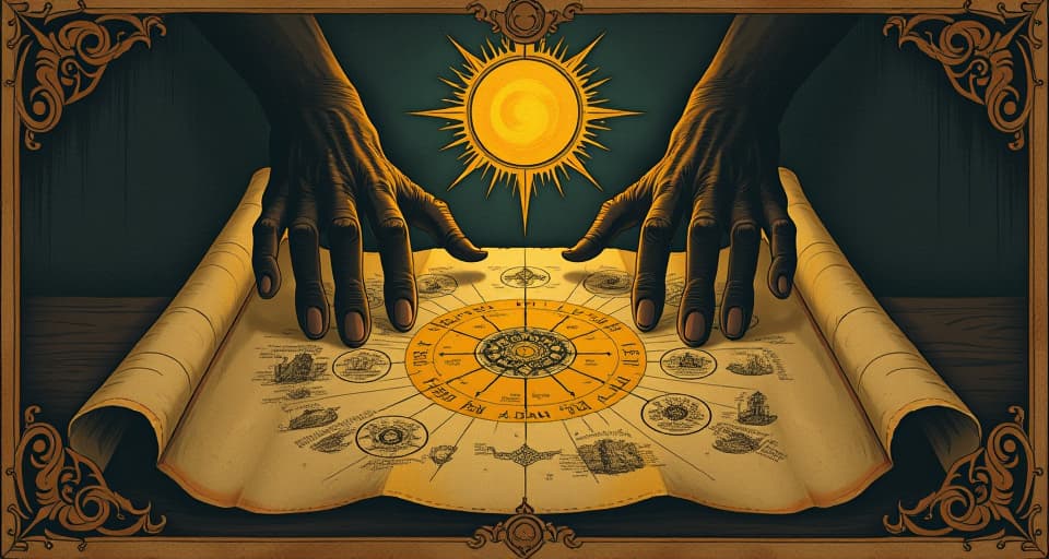  a detailed map of a divine plan, golden script on ancient parchment, satan's dark form looming over, attempting to claw and disrupt, celestial glow in defiance, tension palpable. an illustration in the style of a worn, mystical old tarot trump card, mysterious and elements of surrealism. the colors are muted, somber and eerie, but with contrast bring out an occult and esoteric vibe.