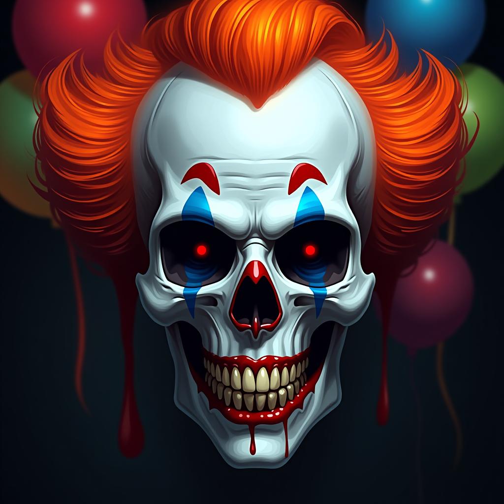  create a digital painting of a sinister clown themed skull. the skull should have bright orange clown hair, blue eye makeup around the eye sockets, a red nose, and red paint dripping from the mouth. the background should be black and include colorful balloons. the overall style should be dark, detailed, and visually striking.