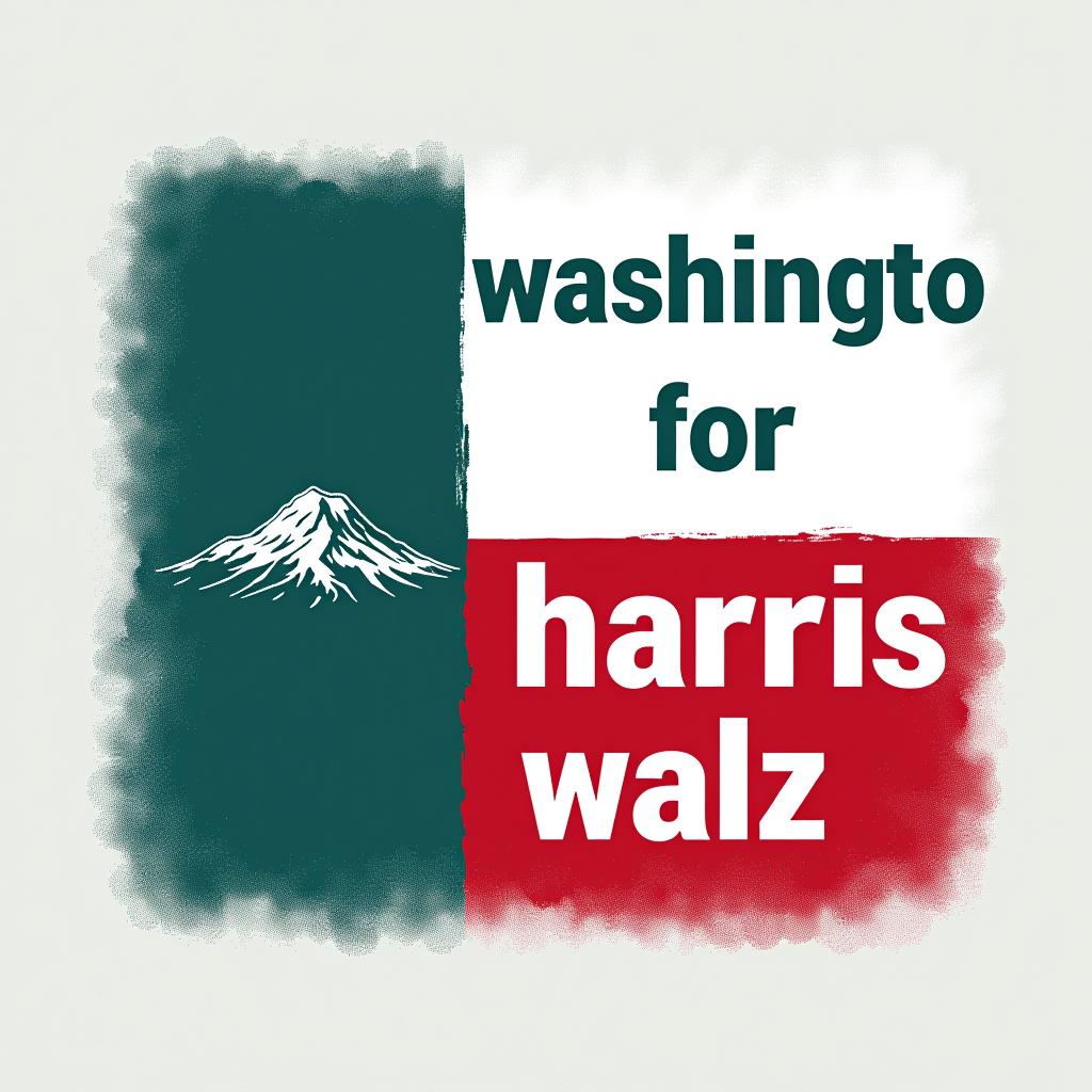  a tshirt design inspired by the washington state flag. the left side features a green vertical stripe with a large mountain in the center. the right side is divided into two horizontal sections: the top section is white with the text 'washington for' in bold, green, uppercase letters, and the bottom section is red with the text 'harris walz' in bold, white, uppercase letters. the overall layout is clean and straightforward, with a clear and patriotic color scheme of blue, white, and red.