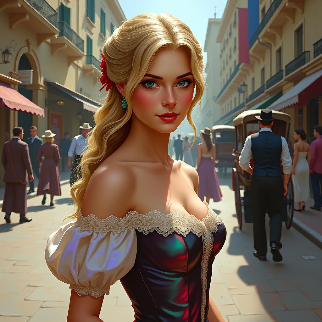  a high resolution painting of a nostalgic scene from the 1890s. a captivating blonde woman with a magnetic expression is dressed in a shoulder bearing corset and a lace adorned dress. the silk or cotton material of her dress shimmers in iridescent light, reflecting shades of blue, green, and violet. the woman stands out against a backdrop of a bustling street with horse drawn carriages, people in period clothing, and buildings with intricate architectural details.