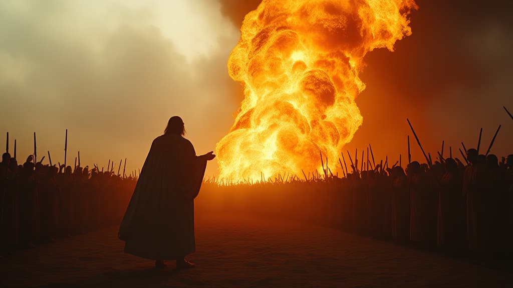  history of biblical times, a heavenly fire descending from the sky, consuming elijah's sacrifice while the astonished crowd gasps in awe, recognizing the lord's power. hyperrealistic, full body, detailed clothing, highly detailed, cinematic lighting, stunningly beautiful, intricate, sharp focus, f/1. 8, 85mm, (centered image composition), (professionally color graded), ((bright soft diffused light)), volumetric fog, trending on instagram, trending on tumblr, HDR 4K, 8K