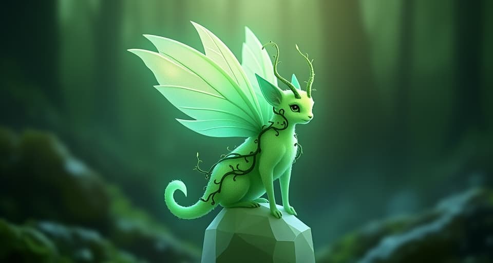  a luminescent forest spirit, with vines intertwined in its translucent wings, standing atop a crystal like pedestal. light radiates around, ensuring the purity of its being remains untouched.. the style is digital art illustration,highly detailed, whimsical,magical, dreamlike atmosphere, realism and fantasy blend, smooth, glossy textures,luminous quality, wonder and enchantment.