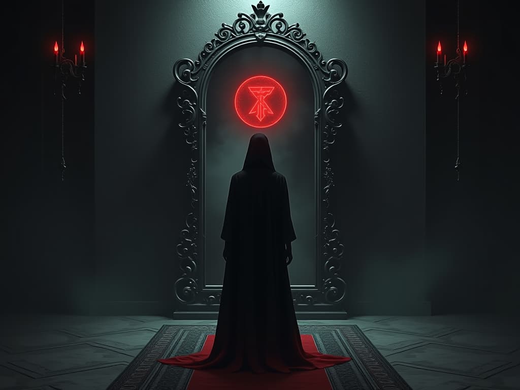  person standing before an ancient, large mirror, looking at their reflection, shadowy room, eerie atmosphere, self reflection. the style is dark fantasy and mysterious occult, symbolic, moody lighting, esoteric vibe,high detail on character design. for the color scheme emphasize blacks and reds.