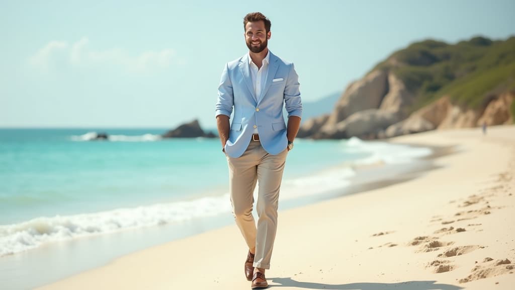  create an image with the following specifications: main subject: description: a stylish groom wearing a light blue linen suit with rolled up sleeves, paired with khaki chinos and brown leather loafers. style: casual yet elegant beach wedding attire. setting: location: a sunny beach with soft sand and calm ocean in the background. composition: framing: full body shot of the groom, slightly off center, walking towards the camera with a relaxed smile. style: art movement: contemporary realism. technique: high key photography with soft, natural lighting. atmosphere: mood: relaxed, joyful, and carefree. color palette: dominant colors: light blue, khaki, brown, sandy beige, ocean blue. mood: fresh, airy, and summery. details: foreground: f hyperrealistic, full body, detailed clothing, highly detailed, cinematic lighting, stunningly beautiful, intricate, sharp focus, f/1. 8, 85mm, (centered image composition), (professionally color graded), ((bright soft diffused light)), volumetric fog, trending on instagram, trending on tumblr, HDR 4K, 8K