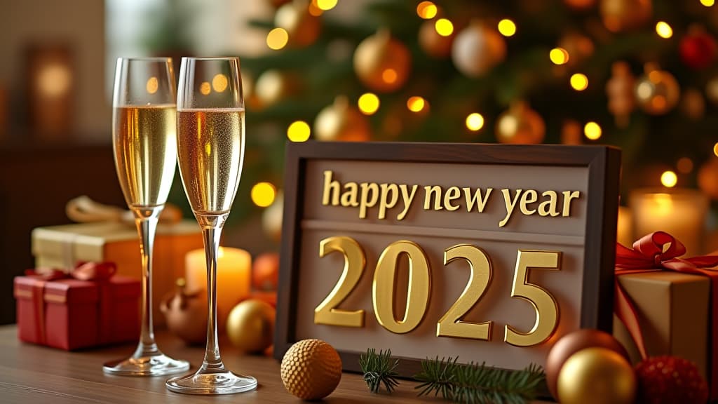  the image depicts a festive new year's scene celebrating the arrival of 2025. in the foreground, there are two champagne flutes filled with golden bubbly, placed next to a sign that reads "happy new year 2025" in bold gold letters. surrounding the sign are various christmas decorations, including gold ornaments, candles, and wrapped gifts tied with red and gold ribbons. the background features a christmas tree adorned with golden baubles and warm glowing lights, creating a cozy and celebratory atmosphere. the image is rich with warm colors, particularly golds and yellows, adding to the festive and luxurious feel of the scene.