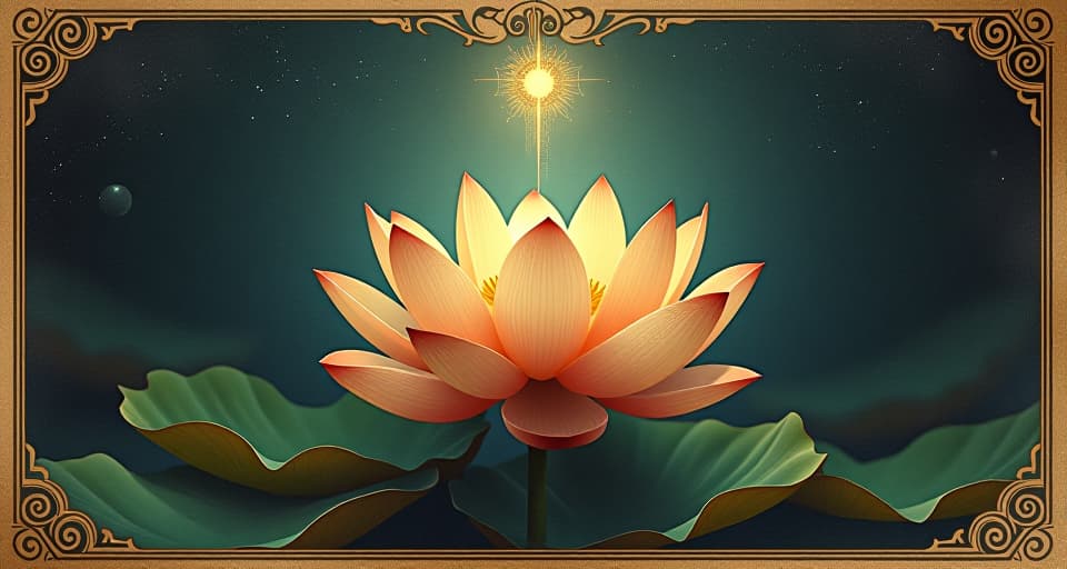  lotus flower, depicted with ethereal light, surrounded by celestial elements, serene, divine connection.. an illustration in the style of a worn, mystical old tarot trump card, mysterious and elements of surrealism. the colors are muted, somber and eerie, but with contrast bring out an occult and esoteric vibe.