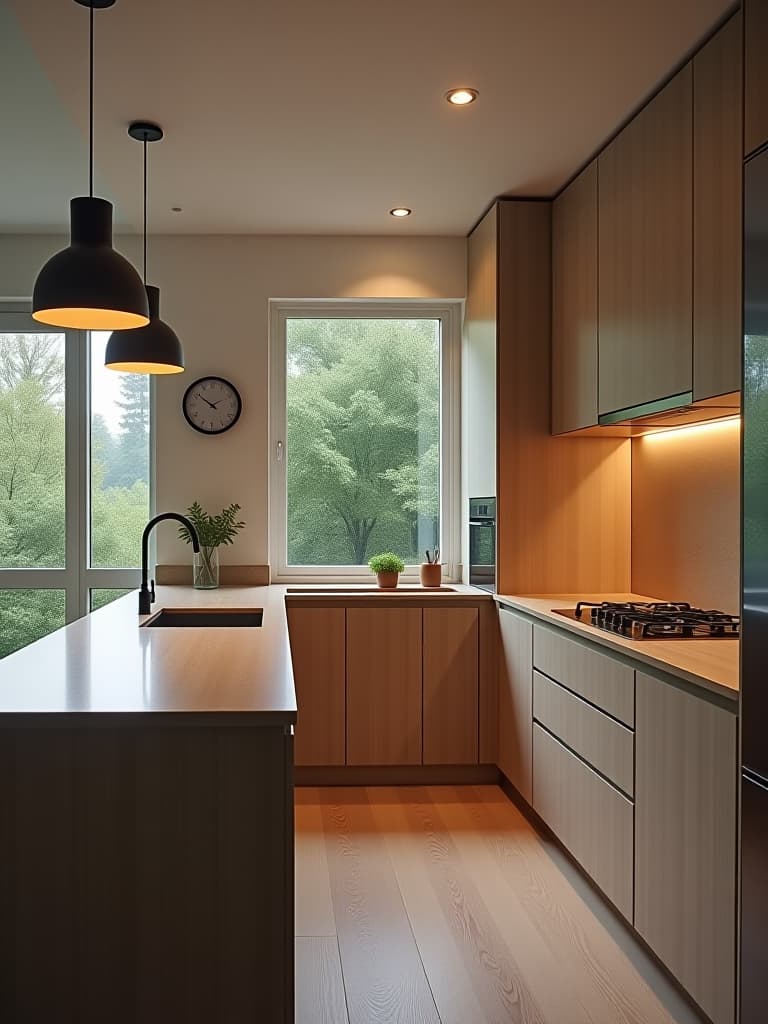  high quality portrait photo of a compact kitchen with folding countertops that extend from the wall, showcasing before and after views, with modern minimalist design and warm lighting hyperrealistic, full body, detailed clothing, highly detailed, cinematic lighting, stunningly beautiful, intricate, sharp focus, f/1. 8, 85mm, (centered image composition), (professionally color graded), ((bright soft diffused light)), volumetric fog, trending on instagram, trending on tumblr, HDR 4K, 8K