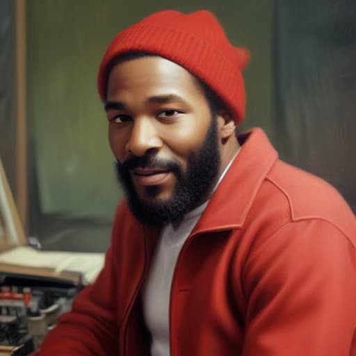 Marvin Gaye with a red beanie on in the studio in Oil painting style