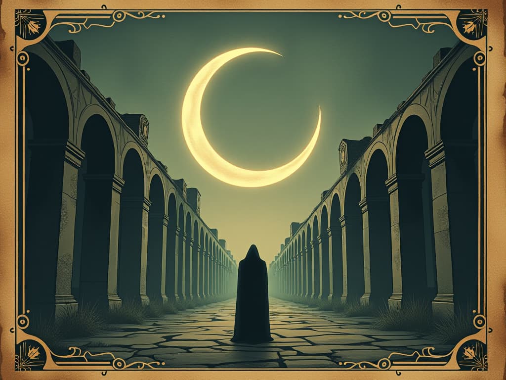  a lone figure in ancient ruins, backlit by a crescent moon, muted tones, mysterious, eerie. an illustration in the style of a worn, mystical old tarot trump card, mysterious and elements of surrealism. the colors are muted, somber and eerie, but with contrast bring out an occult and esoteric vibe.