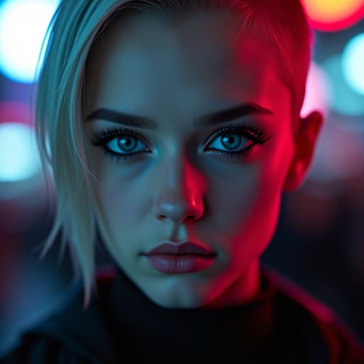  ultra realistic close up portrait ((beautiful pale cyberpunk female with heavy black eyeliner)), blue eyes, shaved side haircut, hyper detail, cinematic lighting, magic neon, dark red city, canon eos r3, nikon, f/1.4, iso 200, 1/160s, 8k, raw, unedited, symmetrical balance, in frame, 8k hyperrealistic, full body, detailed clothing, highly detailed, cinematic lighting, stunningly beautiful, intricate, sharp focus, f/1. 8, 85mm, (centered image composition), (professionally color graded), ((bright soft diffused light)), volumetric fog, trending on instagram, trending on tumblr, HDR 4K, 8K