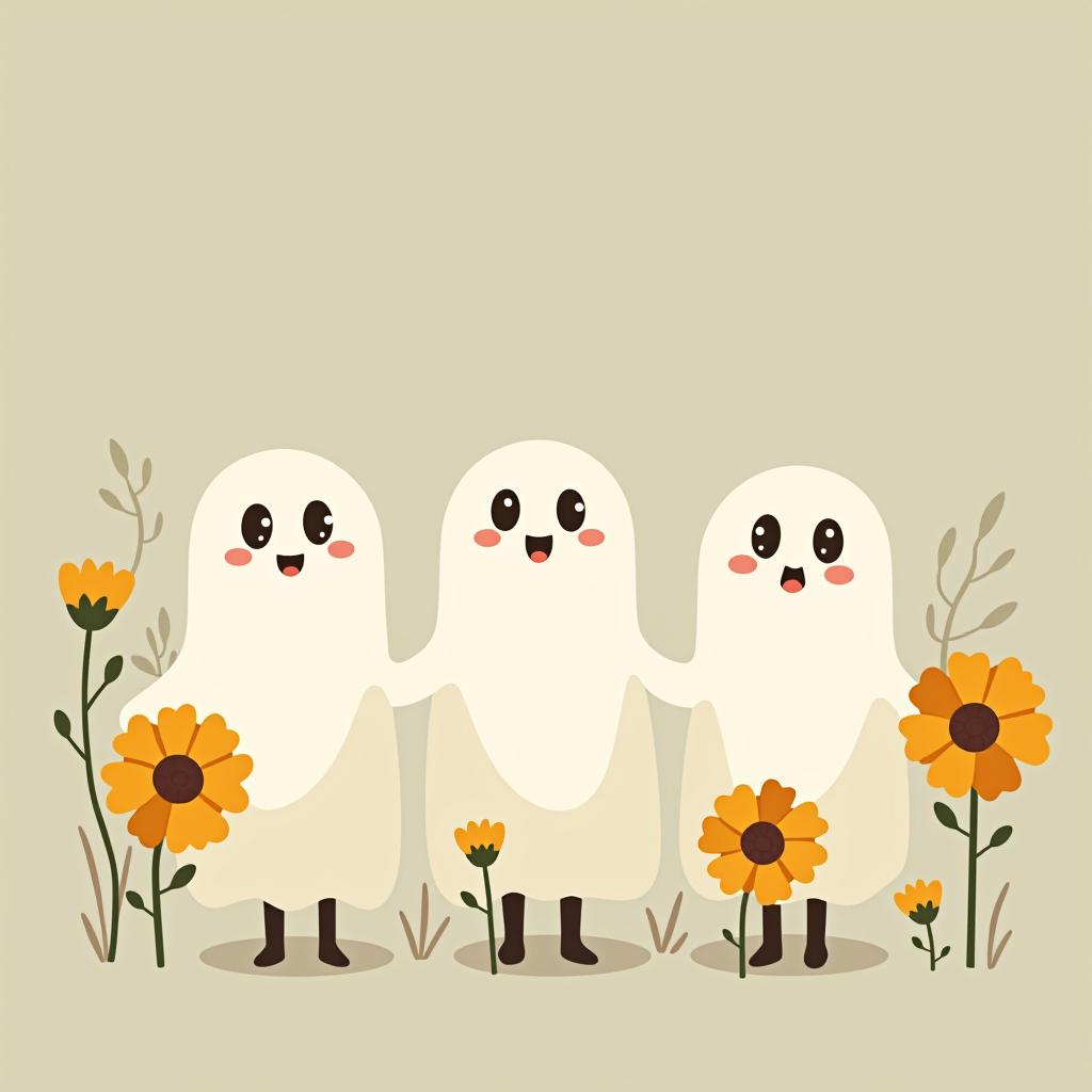  create a digital illustration featuring a row of three to five cute, cartoonish ghost characters, each with a different appearance, standing in different positions within sparse, life like wildflowers.